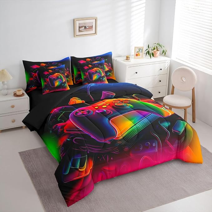 Erosebridal Gamer 7 Piece Comforter Set Full Bed in a Bag | Game Consoles Bedding Sets Modern Gaming Comforter and Sheet Set, Abstract Vintage Bed Sets