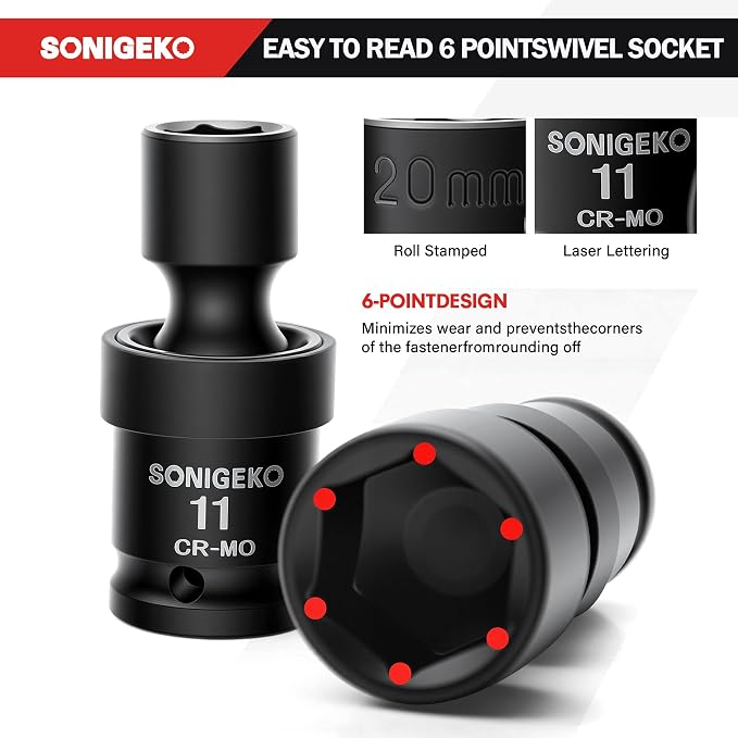 20-Pcs 3/8" Drive Impact Swivel Socket Set,Metric Universal Socket 8mm-22mm | CR-Mo,6-Point, Comes with Extension Bars, Universal Joint, 1/2" to 3/8" & 1/4" to 3/8" Reducer Adapters