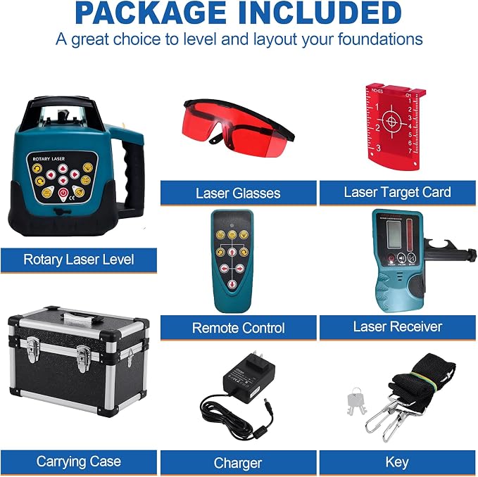 Rotary Laser Level Kit, 360 Degree Automatic Self Leveling Red Beam Horizontal & Vertical Laser Transit, 500m Working Range for Construction & Building - Blue