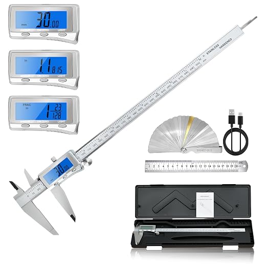 Digital Caliper, Rechargeable Calipers 12 inch with Backlight LCD Screen, All Metal Caliper Measuring Tool with MM/in/F Conversion, Auto Off Micrometer for Jeweler/Woodworking/DIY/Household