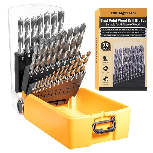 Brad Point Drill Bit Set, 29 PCS HSS Wood Drill Bit Set with Double Flutes Design for Carpenter Woodworking and All Types of Wood (1/16" - 1/2")