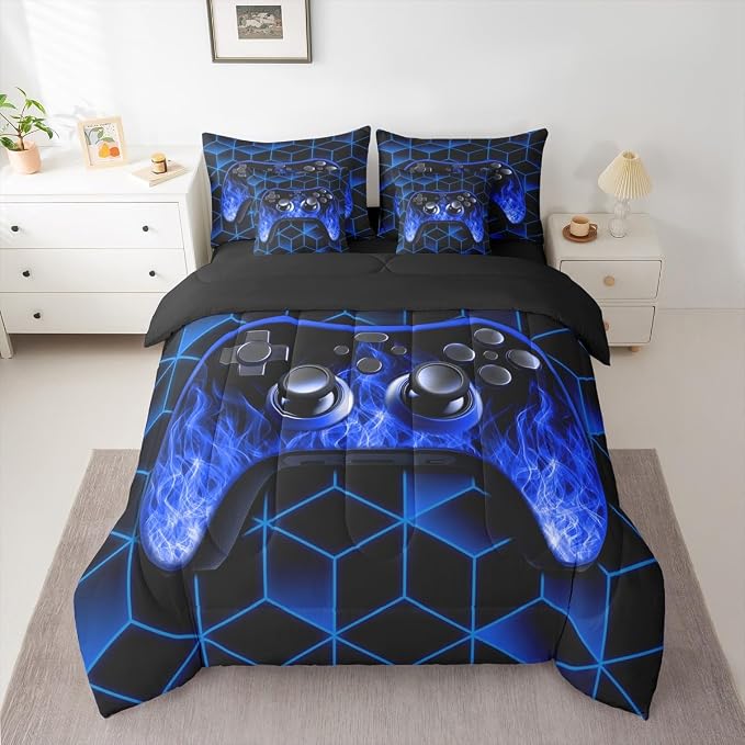 Gaming Consoles Comforter Set 7 Piece Bed in a Bag Twin,Neon Geometric Bedding Set,3D Geometric Gamer Comforter and Sheet Set Blue Flame Bed Set,Gamer Decor for Boys Bedroom Gamer Gifts