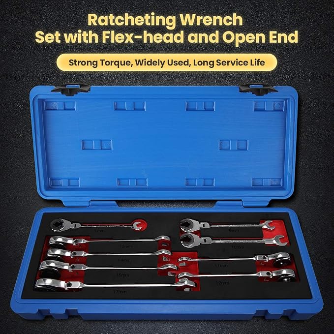 Metric Tubing Combination Ratcheting Wrench Set 9pcs 8-17mm Flex-Head | 180° open flex-head,72 gears,Cr-V steel constructed,durable tubing ratchet design for automotive and plumbing use