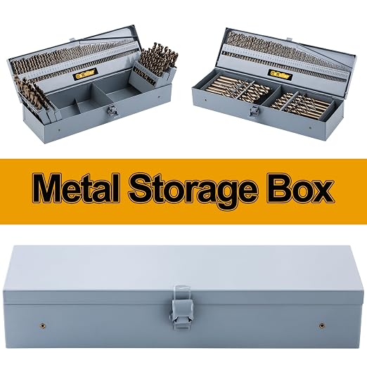 CaRoller Cobalt Drill Bit Set 115 PCS, High Speed Steel M35 Drill Bits Durable Round Shank Drill Sets for Hardened Steel, Wood Plastic, Sheet Metal, with Metal Index Storage Box (115pcs Cobalt)