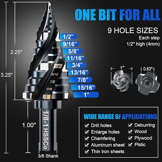 Four Spiral Flute M35 Step Drill Bit Set 1/8"-1"(9 Sizes), 3/8" Shank for Metal Step Drill bit, Impact Resistant Cobalt Step Drill Bit, for Stainless Steel, Wood, Aluminum, Plastic