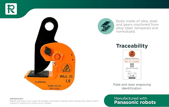 GORILA horizontal plate clamp | 4400lbs / 2 ton | Jaw opening 1.6 inch / 40mm | Industrial and heavy duty Steel plate clamp for lifting and transporting | Safety factor 4:1 | Since 1989