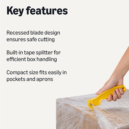 Amazon Basics Film Safety Cutter, Concealed Stainless Steel Blade with Tape Splitter for Boxes, Packages, Shrink Wrap, Yellow, 300-Pack
