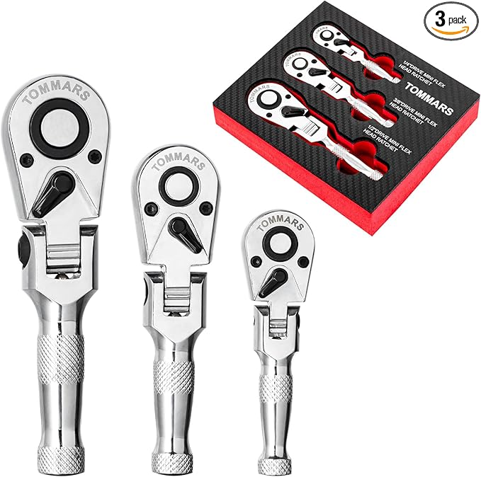 TOMMARS Flex-Head Stubby Ratchet Set, 1/4", 3/8", 1/2" Drive Flexible Mini Small Ratchet Handle Wrench 72-Tooth Quick-Release Reversible Gift for Men Mechanic Hand Tools