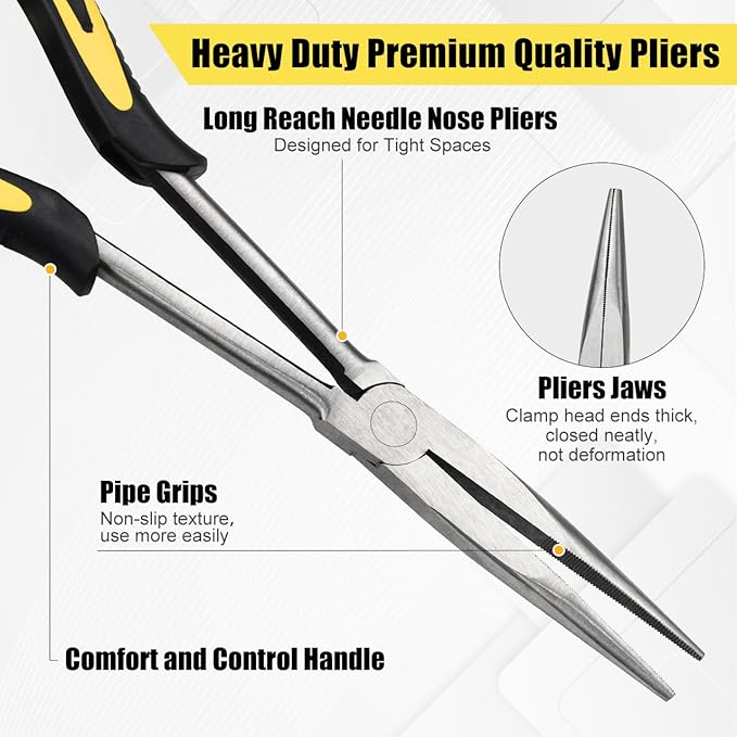Premium Long Needle Nose Pliers-11’’, Paper Clamp Precision, High Carbon Steel, Soft Grip with Wire Cutter, Long Nose Cutting Pliers for Home, Fishing, Jewelry, Crafts,2pcs