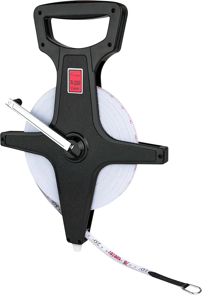Champion Sports Open Reel Measuring Tapes – Durable Hand Crank with Metal Spike, Dual-Sided Feet & Meters, Perfect for Track & Field and Long Jump, 250 Feet/75 Meters