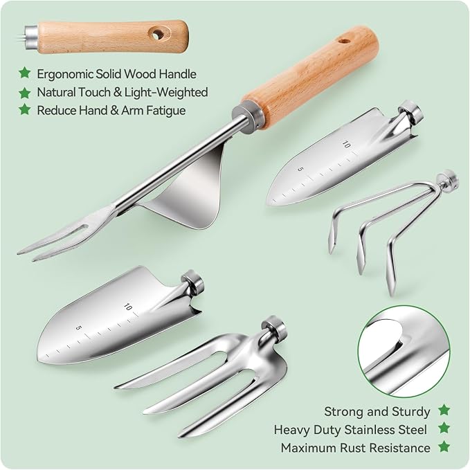 Grenebo Gardening Tools 9-Piece Heavy Duty Garden Hand Tools with Fashion and Durable Garden Tools Organizer Handbag, Rust-Proof Garden Tool Set, Ideal Gardening Gifts for Women