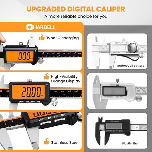HARDELL Digital Caliper, Rechargeable Calipers with Large Orange Screen (No Backlight), Anti-Glare LCD & ABS Function, in/MM Caliper Measuring Tool, Stainless Steel Micrometer -Auto Off for Household