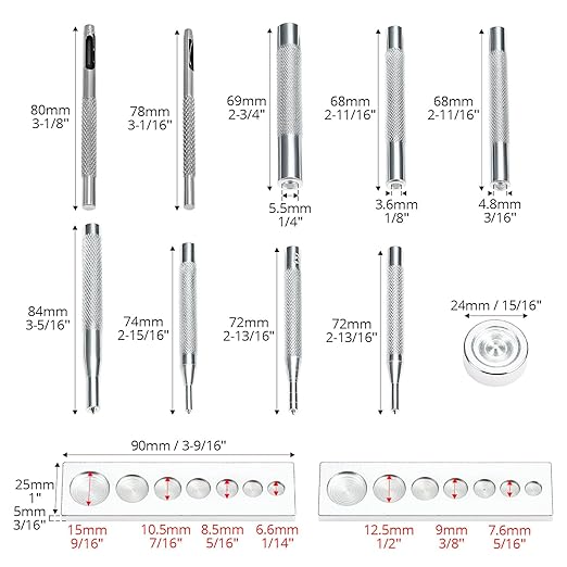 QWORK Punch Tool Punch Snap Kit, Set of 11 Pcs Stainless Steel Rivet Setting Tool, Round Hole Punch Die Tool