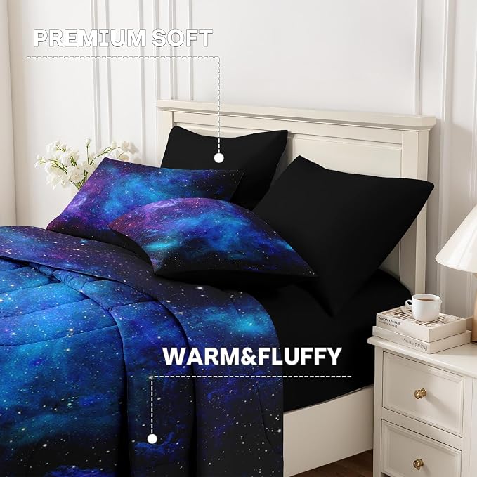 Nesker Comforter Set Twin Size, Galaxy Star Purple Retro 5 Pcs Bedding for Kids and Adults, Science Space Night Sky Bed Sheet Sets with Fitted Sheet Pillowcase & Sham