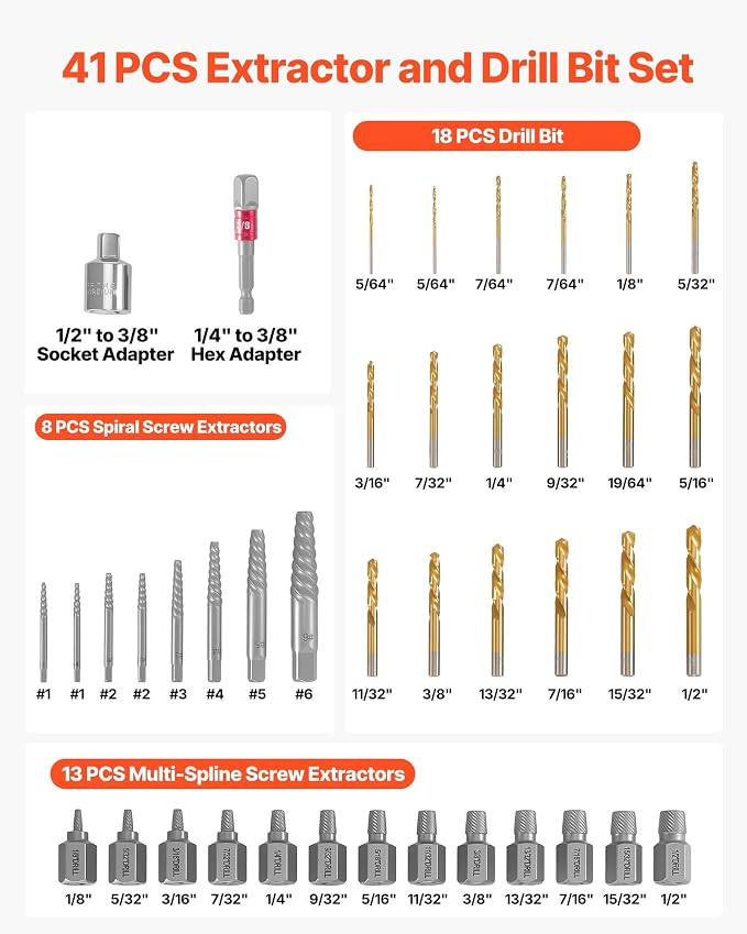 VEVOR 41-Piece Screw Extractor and Left Hand Drill Bits Set, Easy Out Screw Extractor Kit with HSS Steel Reverse Drill Bit for Broken Nuts, Stripped Bolts Remove, Adapters