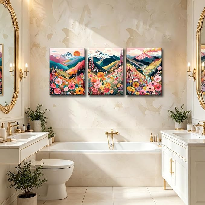 Frimeeme Colorful Watercolor Floral Mountain Canvas Wall Art, 3-Piece Boho Nature Landscape Print, Living Room Bedroom Decor, 12x16 in,Framed