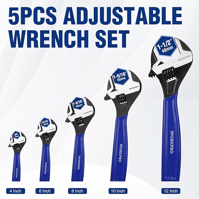WORKPRO 5-piece Adjustable Wrench Set, 4-Inch & 6-Inch & 8-Inch & 10-Inch & 12-Inch Wrenches, Wide Jaw Black Oxide Wrench, Metric & SAE Scales, Cr-V Steel, for Home, Garage, Workshop