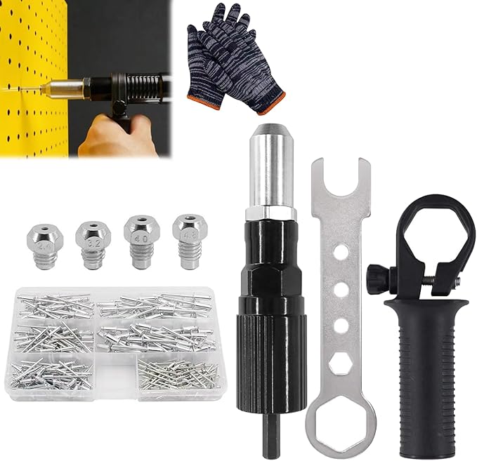Professional Electric Rivet Gun Adapter Kit, Riveting Hand Tool Insert Nut Including 2.4/3.2/4.0/4.8mm Diameter Rivet Head, Cordless Electric Power Drill Adaptor Attachment (1PC)