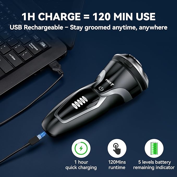 MAX-T Electric Razor for Men, 4D Rotary Shaver Razor for Men, Rechargeable Wet & Dry Shaver with Pop-Up Trimmer, IPX7 Waterproof, Type-C, Plug & Play