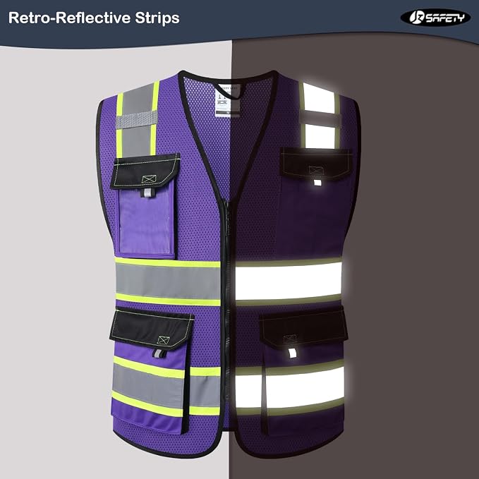 JKSafety Hi Vis Reflective Safety Vests for Men Women High Visibility Vest with Pockets Mesh Fabric Construction Safety Apparel Neon Vest for Work (220-PurpleB 3XL)