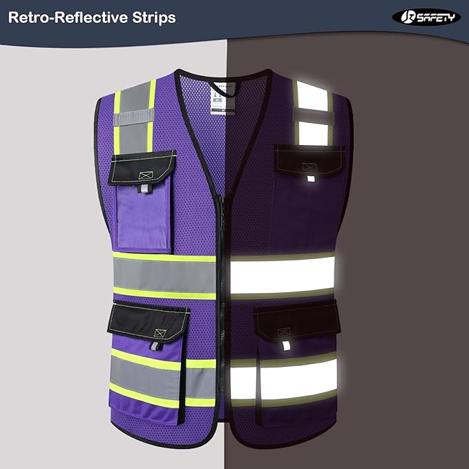 JKSafety Hi Vis Reflective Safety Vests for Men Women High Visibility Vest with Pockets Mesh Fabric Construction Safety Apparel Neon Vest for Work (220-PurpleB 3XL)