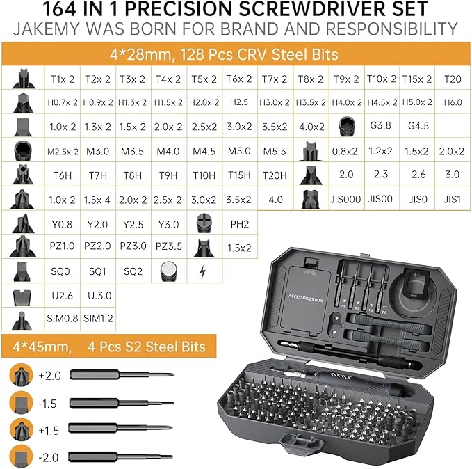 JAKEMY 164 in 1 Precision Screwdriver Set, Laptop Screwdriver Kit, Professional Computer Screwdriver Repair Tools with T5 T6 Torx Screwdriver Bit for MacBook, iPhone, PC, RC, PS5, Watch, Xbox, DIY