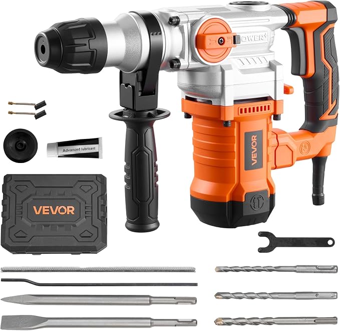 VEVOR Rotary Hammer Drill, 1-1/8 in SDS-Plus Electric Corded Heavy Duty Rotary Hammer, Including 3 Drill Bits, Flat Chisel, Pointed Chisel, Grease, Brush, and Carrying Case, for Concrete and Masonry