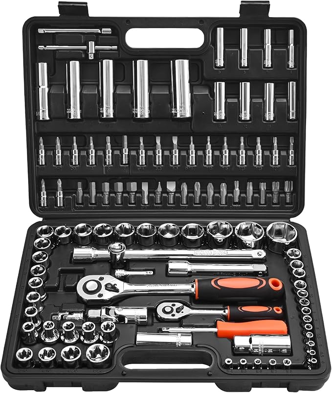 VEVOR Socket Set, 108 Pieces, 1/4 & 1/2 inch Drive Socket and Ratchet Set, Metric Size from 4 to 32 mm, Mechanic Tool Kit with Bits, Accessories, Storage Case, CR-V Alloy Steel, for Automotive Repair | CR-V Socket and Tool Set with Bits, Accessories, S...