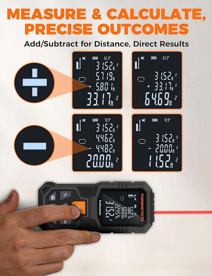 Laser Distance Meter POROMETISTO 164ft/50m, Digital Angle Finder, 12 Modes for Angle Area Volume Pythagorean Distance, ±2mm High Accuracy, Tripod Interface Design Handheld Digital Rangefinder