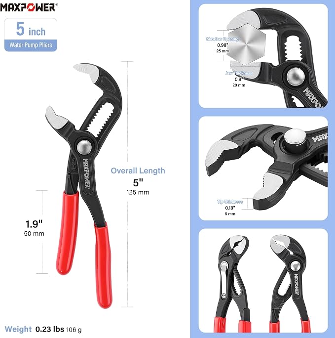 MAXPOWER 5-Inch Tongue-and-Groove Pliers, 0.98" Jaw Opens V Jaw Mini Pliers | Quick Release Push Button Adjustable Pliers, Serrated Teeth, Comfortable Grips