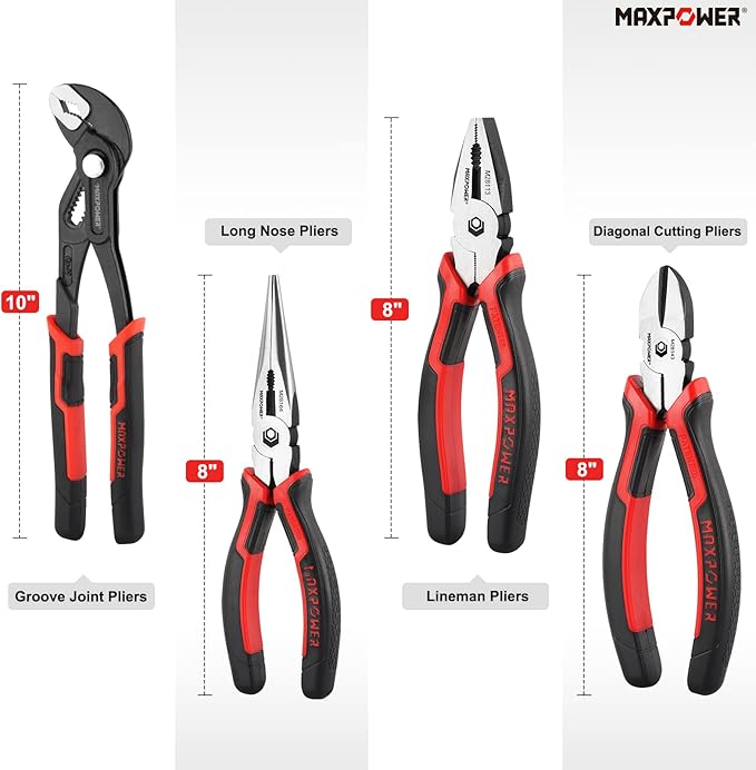 MAXPOWER 4-Piece Pliers Set: 8" Lineman, Diagonal Cutters, Needle Nose, 10" Water Pump Plier