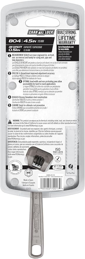 Channellock Adjustable Wrench Channel Lock 804 - Chrome Vanadium Steel, Polished Finish - 4.5 in