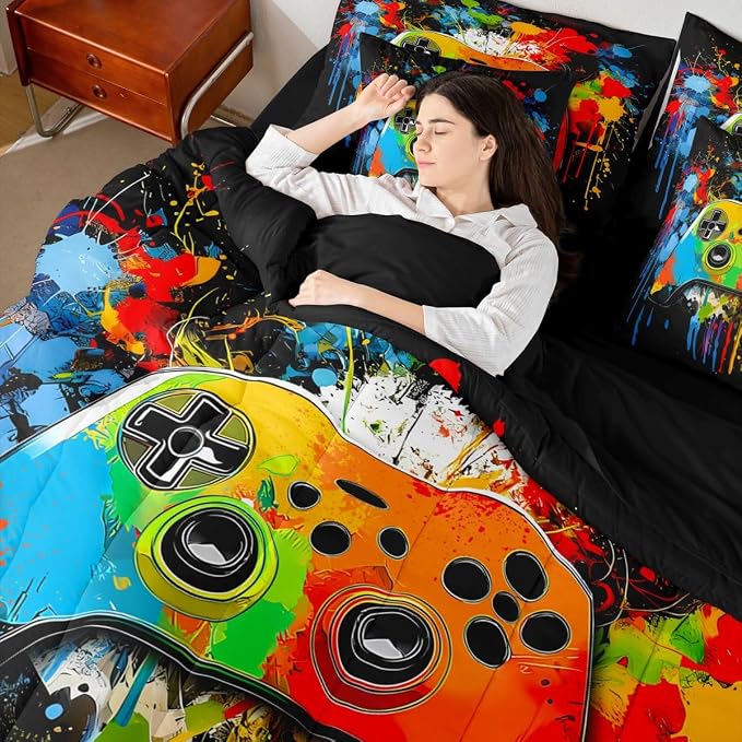 Erosebridal Gamer Full Size Bed Sheets and Comforter Set | Graffiti Tie Dye Game Consoles 7 Piece Bedding Set Gaming Bed in a Bag, Watercolor Abstract Art Room Decor