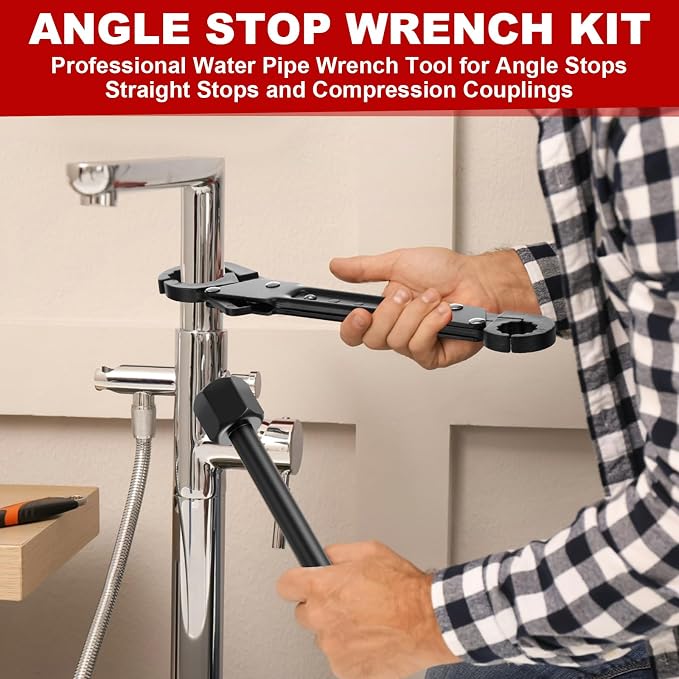 5 Pcs Angle Stop Wrench Kit Plumbing Tool, Compression Sleeve Puller for 1/2" Compression Fitting Ferrule Puller Removal Tool for 1/2" Copper Tubing 4-way Multi-functional Utility Key (Black)