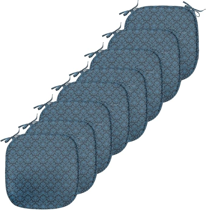 Lunarable Damask Blue Chair Seating Cushion Set of 8, Repetition with Rococo Inspired Royal Style Ornamental Pattern, Anti-Slip Seat Padding for Kitchen & Patio, 16"x16", Dark Grey and Turquoise