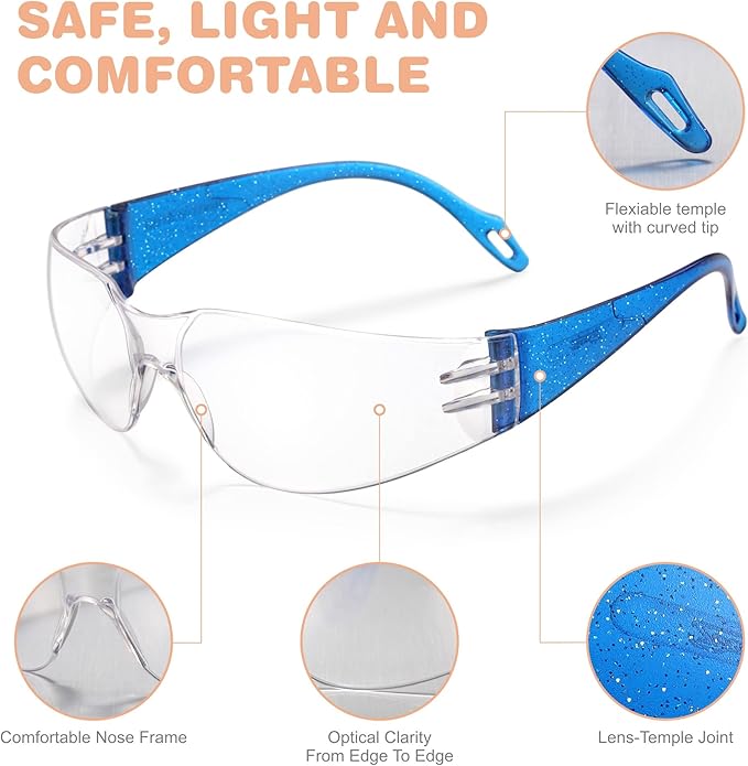 Kids Safety Glasses, Scratch, Impact Resistant Safety Goggles with Clear Lens Assorted Twinkle Color Frame, Eyewear for Lab, Sports,Shooting, Landscaping, Child Youth Size
