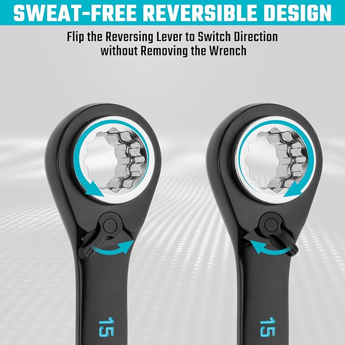 DURATECH 4-in-1 Reversible Ratcheting Box Wrench Set, Metric, 2 Pcs, Black | Double Box End, 8mm, 10mm, 12mm, 13mm & 14mm, 15mm, 17mm, 19mm, CR-V Steel, Black Electrocoat, Rolling Pouch