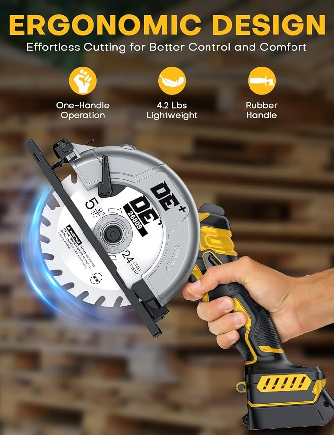 Brushless Cordless Circular Saw, for DeWalt 20V Max Battery, 6-Inch Aluminum Alloy Blade, 5900 RPM, 4.2 Lbs Lightweight, Cutting Depth 2-1/20" (90°), 0-90° Bevel, Hex Wrench, Rip Guide, for Wood, PVC
