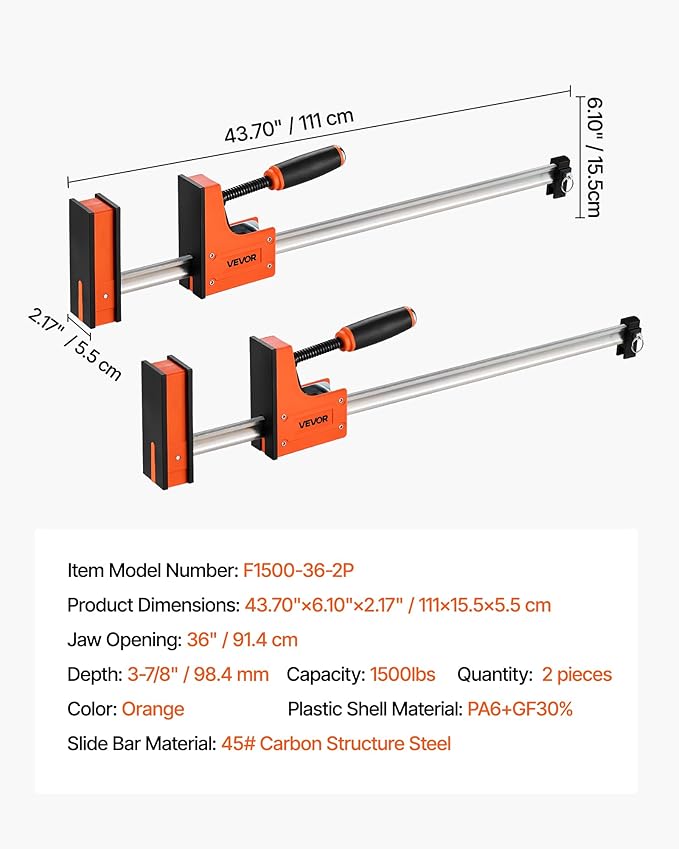 VEVOR Bar Clamps for Woodworking, 2-Pack 36 inch Parallel Clamp Set, F-Clamp with 1500 lbs Load Limit, Even Pressure, High-strength Plastic and Carbon Steel, for Woodworking Metal Working, Orange