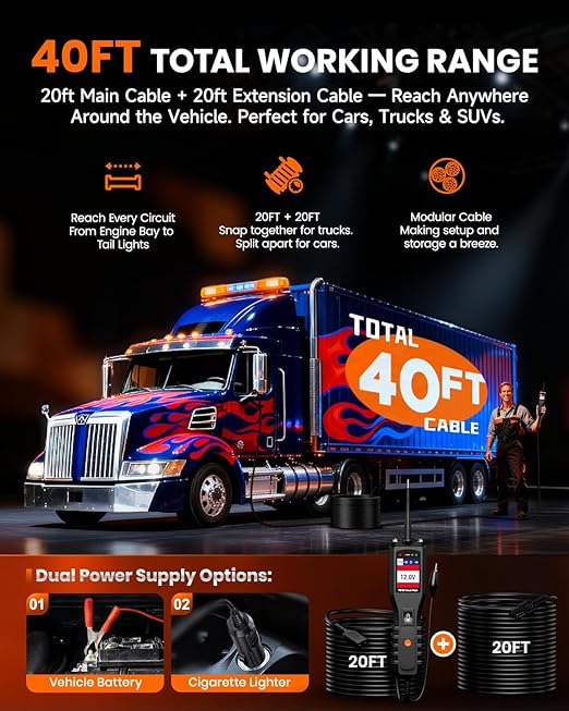 ANCEL PB100 Automotive Power Circuit Probe, 12-24 VDC Car Electrical Diagnostic Tool, AC/DC Voltage Current Resistance Short Detection, Trailer Fuse Tester, Digital Voltmeter Ohmmeter, 40FT Cables