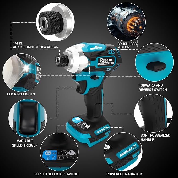 Cordless Impact Driver 1/4 inch Compatible with Makita 18v Battery, Brushless Impact Driver 2800 In-lbs(300N.m) 3-Speed Lightweight Power Impact Drivers with LED Light(Tool Only)