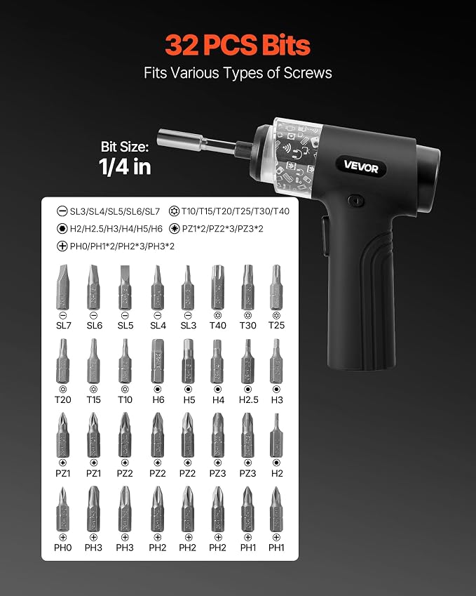 VEVOR 4V Electric Screwdriver, Cordless Screwdriver Set, 7 Torque Settings, 0.5 to 5N.m, 32 PCS 1/4 in Bits, Digital Display, LED Light, Type-C Charging, Ideal Tool for Furniture & Gaming PC