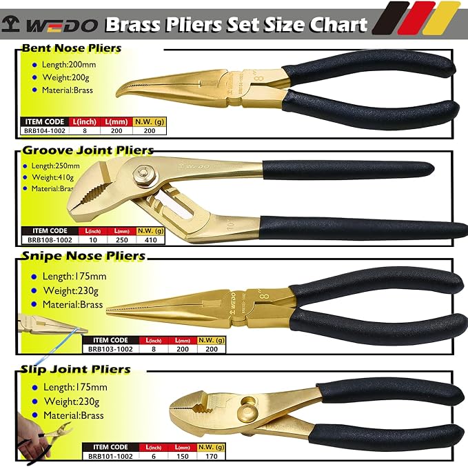 WEDO 4-Piece Brass Pliers Set With Non-Slip Handle: 8" Long Nose, 8" Snipe Nose, 6" Slip Joint, 10" Groove Joint