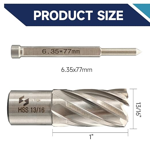 Pro Edge 1-Piece 13/16" Cutting Diameter 1" Cutting Depth Annular Cutter, M2AL HSS Mag Drill Bit with Pilot Pin 3/4" Weldon Shank, for Magnetic Drill Press Steel Plate, Aluminum, Copper