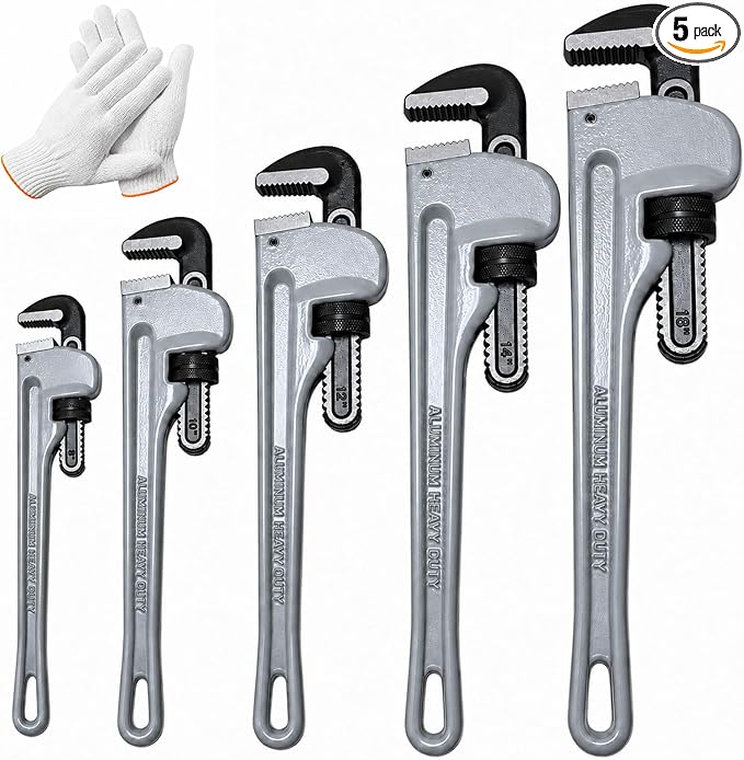 5-Piece Aluminum Pipe Wrench Set,8"/10"/12"/14"/18" Plumbing Wrench | Ultra-Light Aluminum Alloy Handle, Anti-Slip Jaws, Adjustable Pipe Wrench, for Plumbers, Home, Pipeline, Auto Repair, DIY
