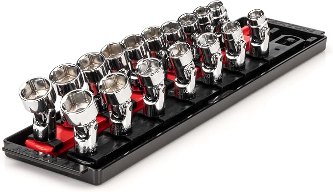 TEKTON 3/8 Inch Drive Universal Joint Socket Set, 17-Piece | SHD91217 | (3/8 - 3/4 in., 10 - 19 mm), Shallow, 6-Point, Socket Rail