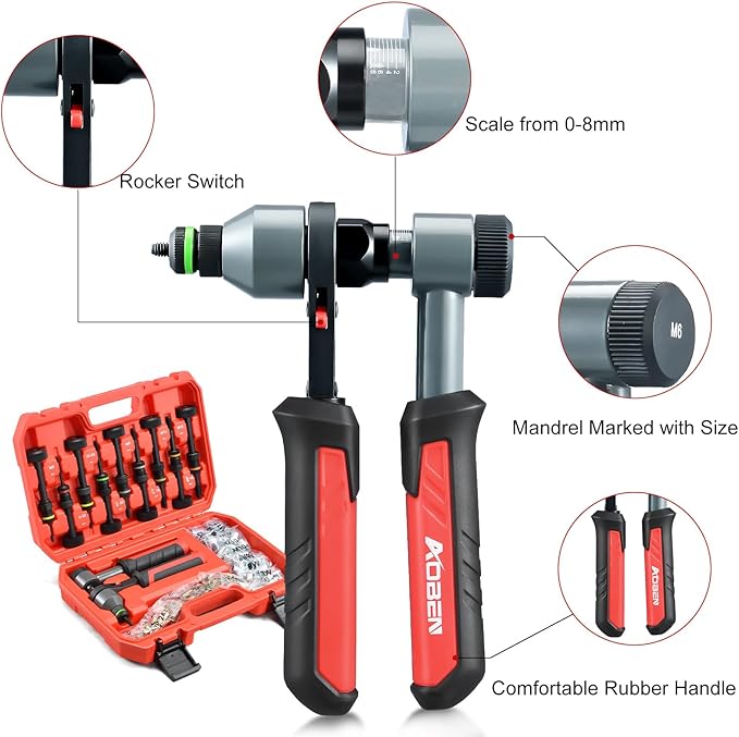 AOBEN Rivet Nut Tool Kit, Nutsert Gun Kit, Upgraded Rivnut Tool with 10 Metric and SAE Madrels, 100 Pcs Rivnuts, and Rugged Carrying Case