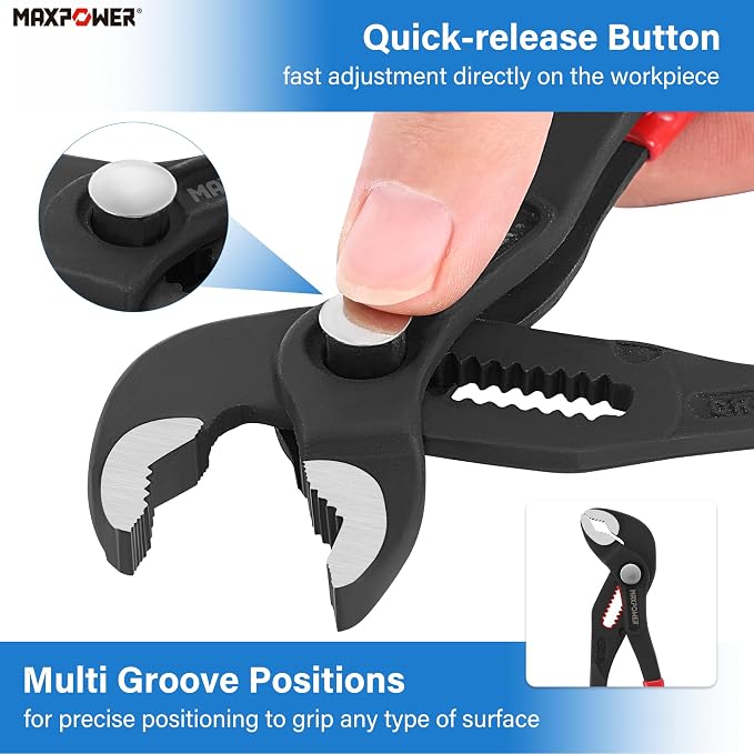MAXPOWER 7 inch Water Pump Pliers, with 0.98 inch Jaw Capacity Opening Push Button Adjustable Pliers