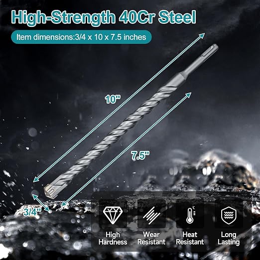 3/4 Inch x 10 Inch SDS Plus Rotary Hammer Drill Bit, Cross Tip Double Threaded Carbide Tipped for Concrete, Brick, and Stone (3/4" x 7.5" x 10")