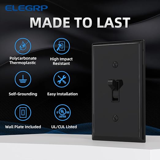 ELEGRP 3 Way Toggle Light Switch with Plate, 15 Amp, 120 V, Toggle Framed AC Quiet Switch, in Wall On/Off Switch, Self-Grounding, Residential and Commercial Grade, UL Listed (10 Pack, Glossy Black)